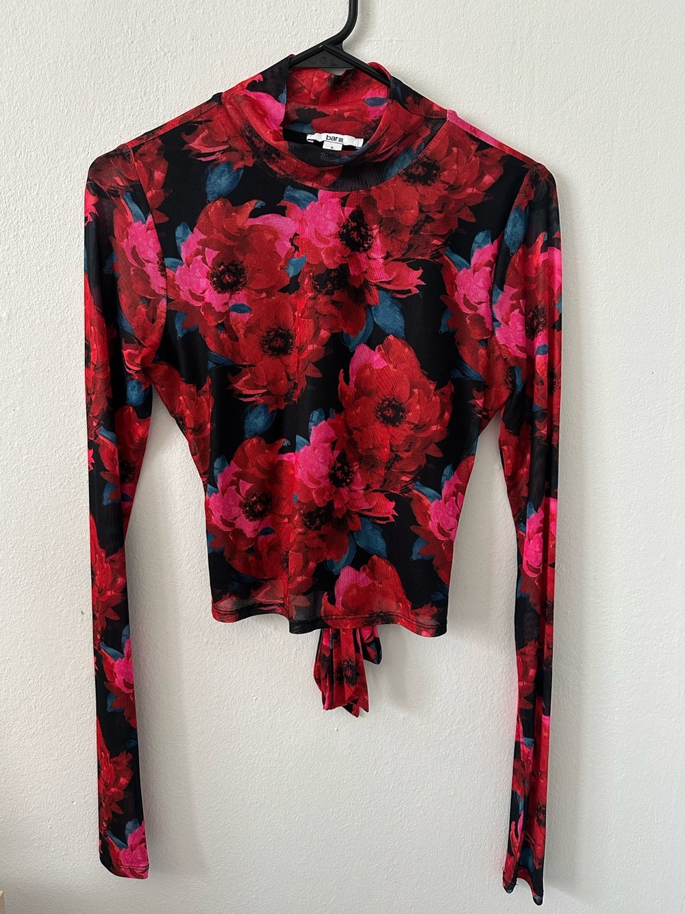 Bar III Black Long-Sleeve Floral Tie-Front Top with Red & Pink Blooms